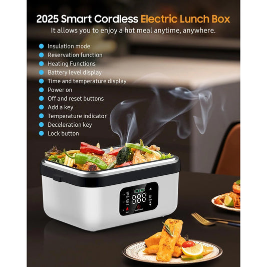 8000mAh Rechargeable Timer Automatic Heating Lunch Box, 1L Portable Food Warmer