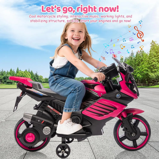 6V Kids Motorcycle, Electric Ride On Car Toy with Training Wheels, Working Headlight, Horn & Music Boys Girls 3-6Y