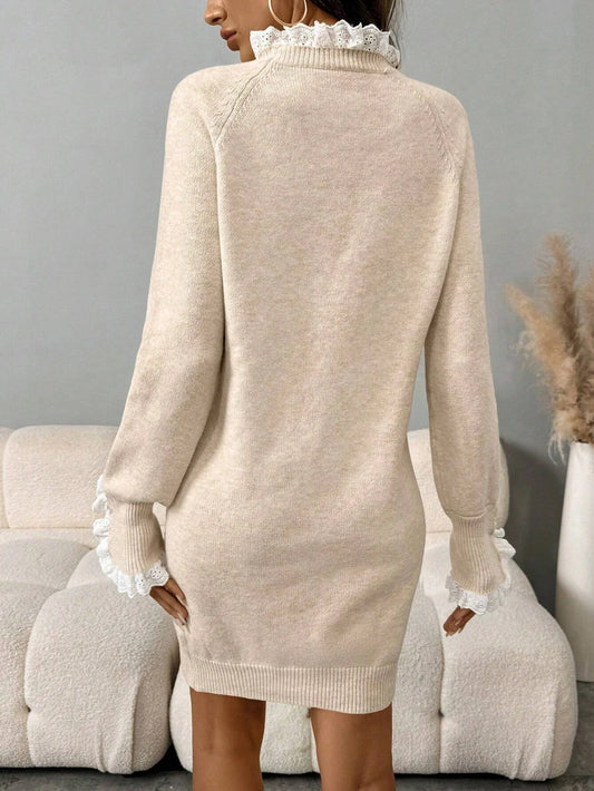 Autumn and Winter Woman Sweater Lace Splicing Half High Neck Bottom Shirt