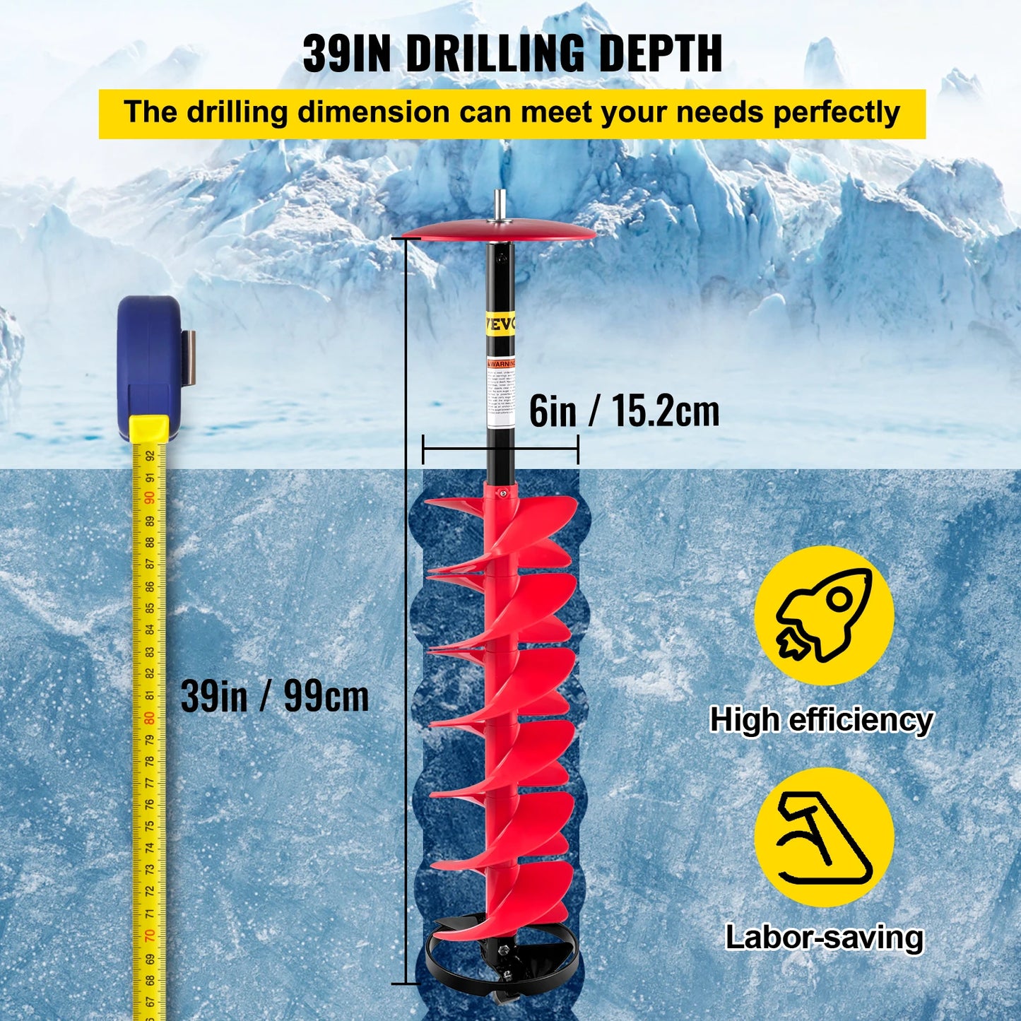 6\" Diameter Nylon Ice Auger 39\" Length Ice Auger Bit Auger Drill with 11.8\" Extension Rod Auger Bit