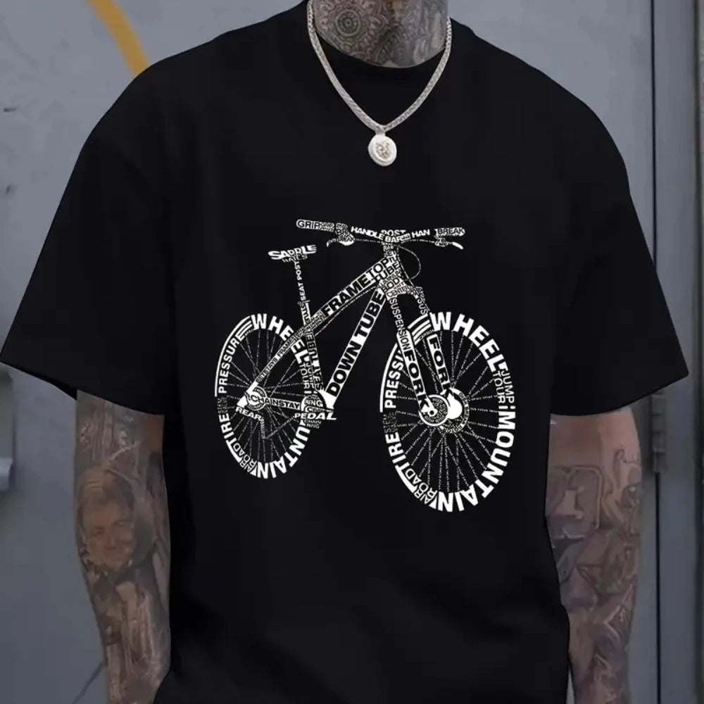 Casual Cotton T-Shirt with Bicycle Print Short Sleeve Round Neck awesome at the track