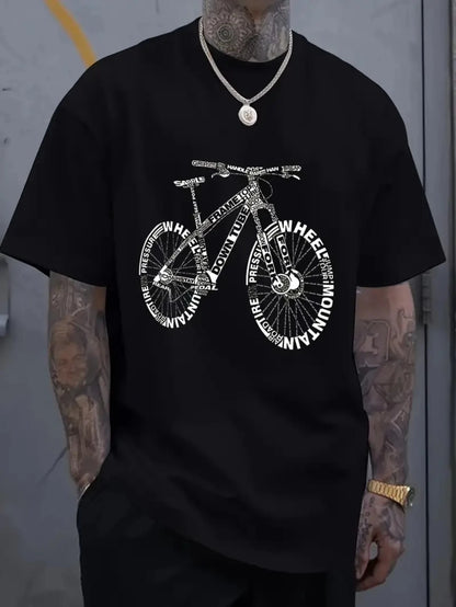 Casual Cotton T-Shirt with Bicycle Print Short Sleeve Round Neck awesome at the track