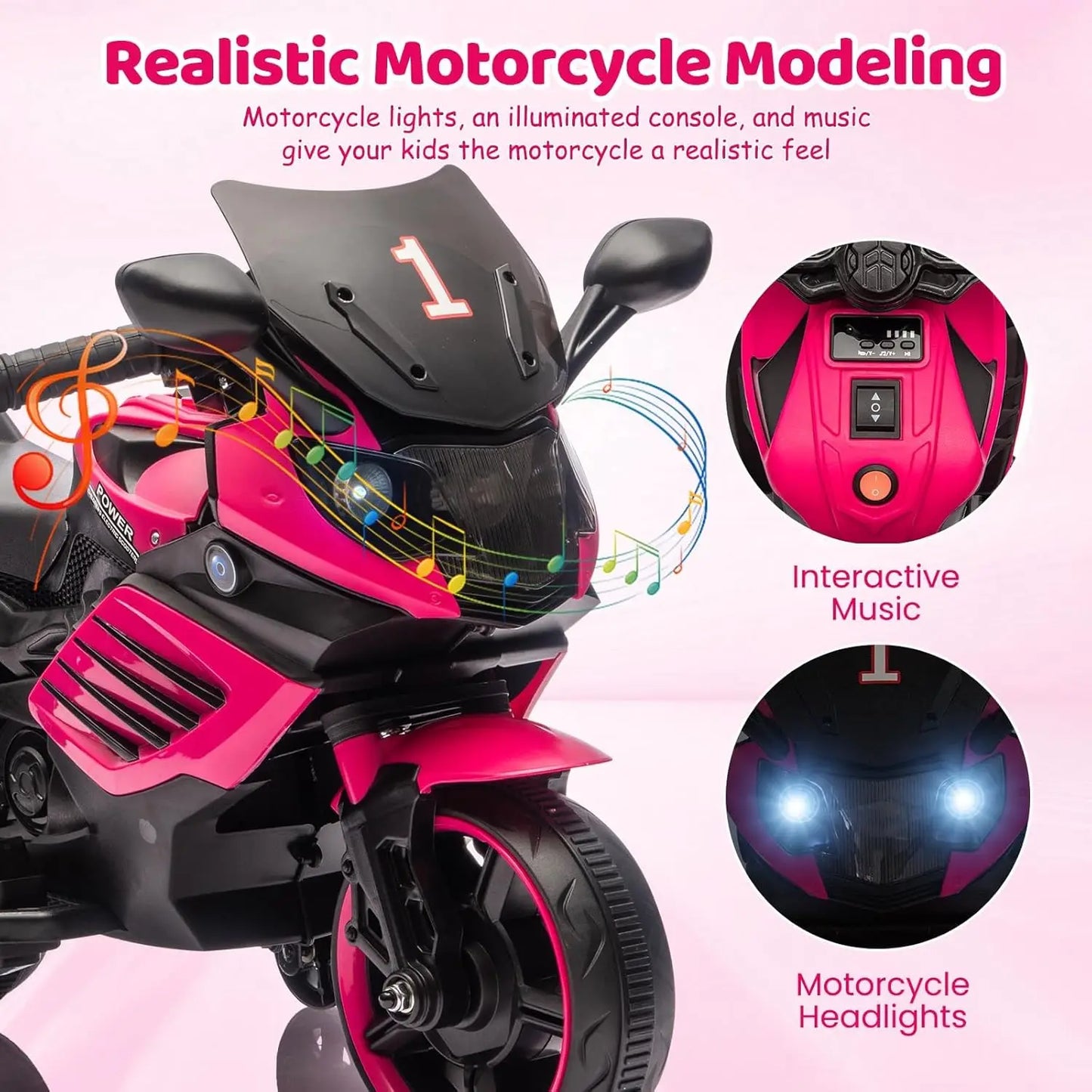 6V Kids Motorcycle, Electric Ride On Car Toy with Training Wheels, Working Headlight, Horn & Music Boys Girls 3-6Y