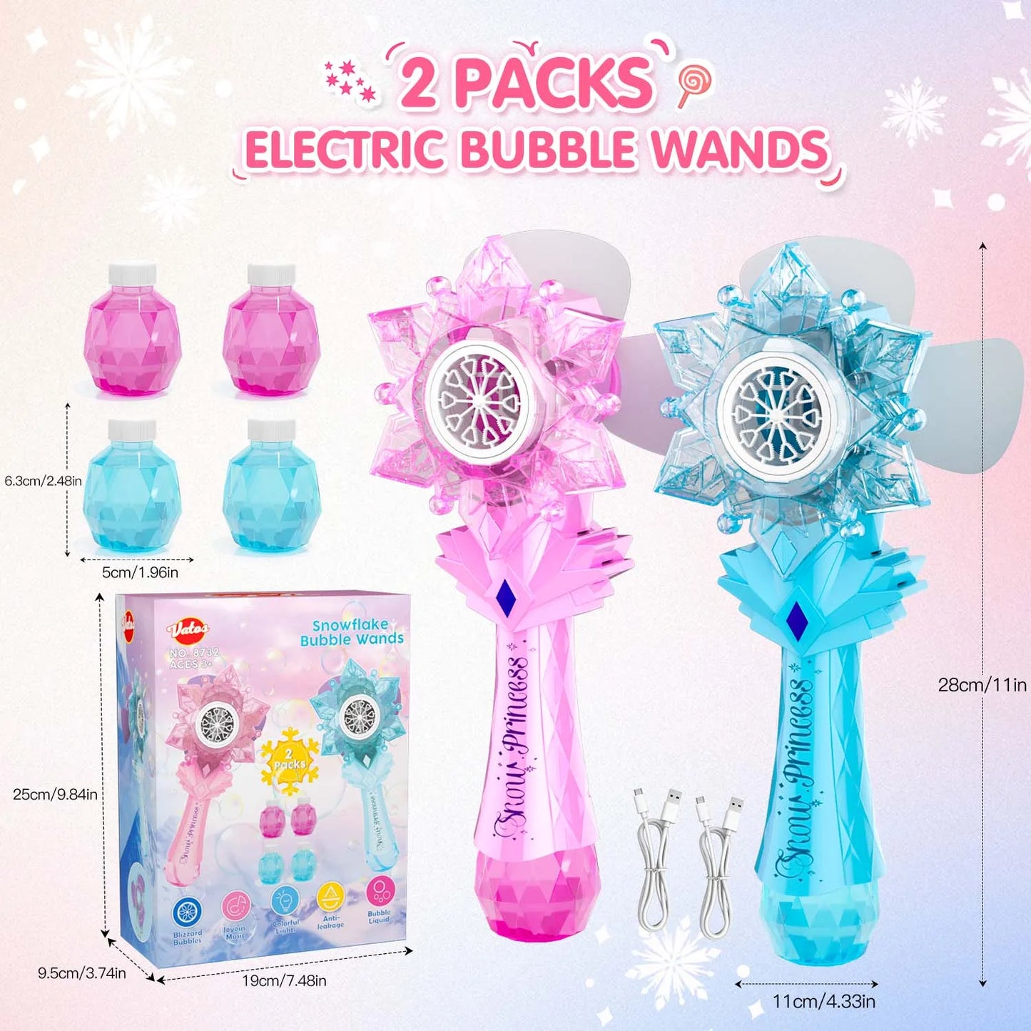 Recharge Bubble Wand X2 for Kids Girls Boys LED Electric Auto Snowflake Bubble Blower Gun With LED Light Music Outdoor Fun