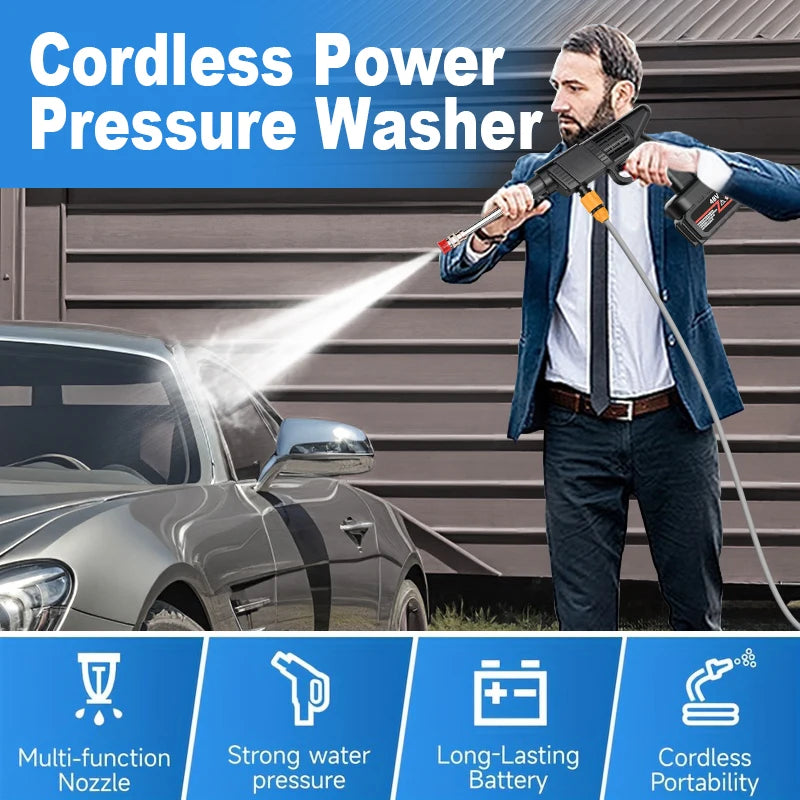 Portable Cordless Handheld High Pressure Wash Gun, 2 Rechargeable Battery Powered, Nozzle Stainless Steel take anywhere camping, boating