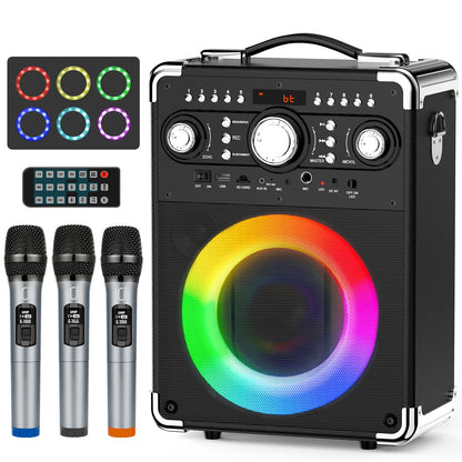 Karaoke Machine with 3 Mics& DJ Disco Ball Light, Portable Bluetooth Speaker with LED Lights