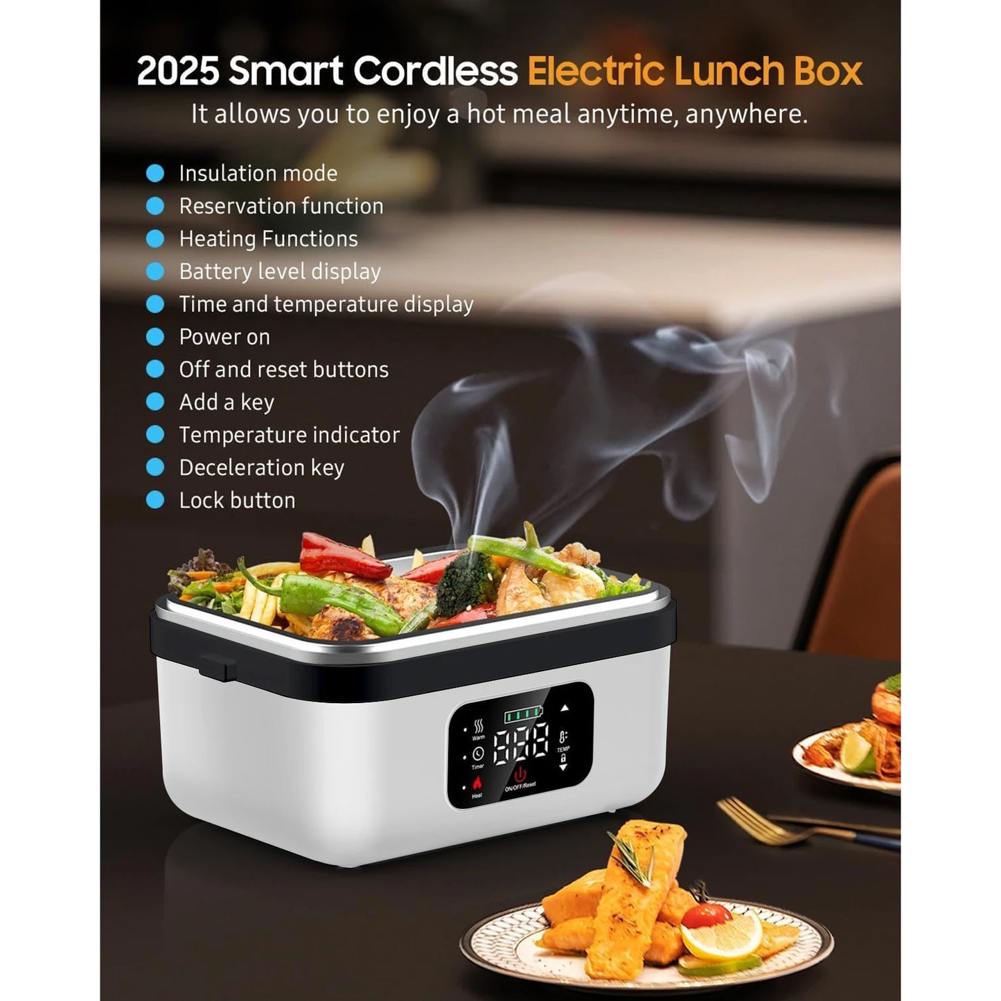 8000mAh Rechargeable Timer Automatic Heating Lunch Box, 1L Portable Food Warmer