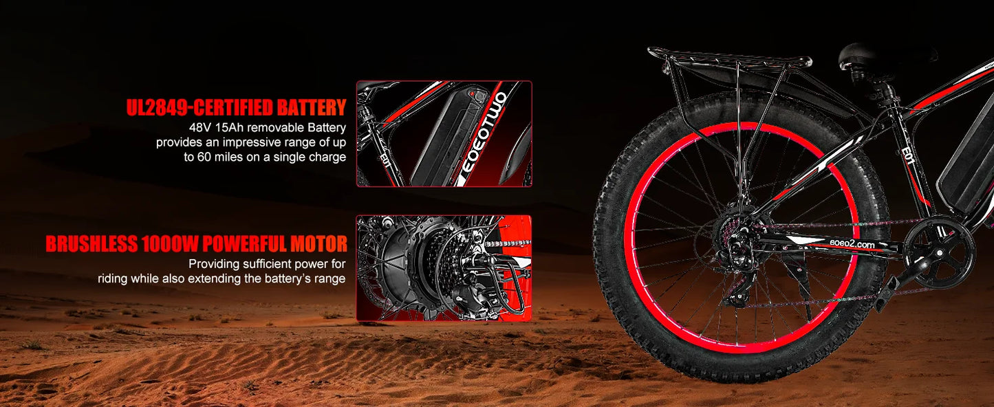 Electric Bike Adult 26" Fat Tire 1500W Peak Motor Electric Bicycle 34Mph Mountain 60Mile Range UL2849