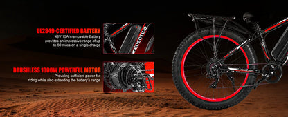 Electric Bike Adult 26" Fat Tire 1500W Peak Motor Electric Bicycle 34Mph Mountain 60Mile Range UL2849