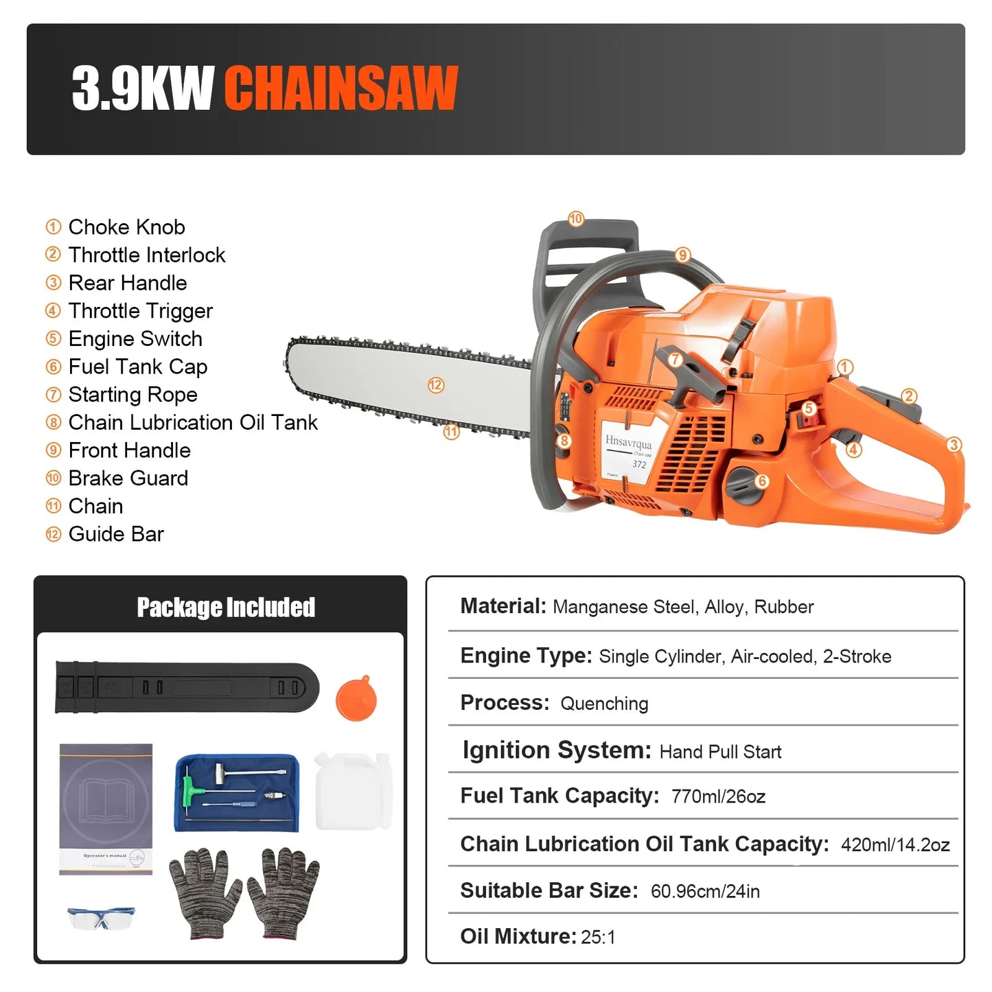 72CC 24" 2 Stroke Handheld Cordless Chain Saw, Gas Powered Chainsaw, Petrol Powered Chain Saw for Trees Wood Cutting