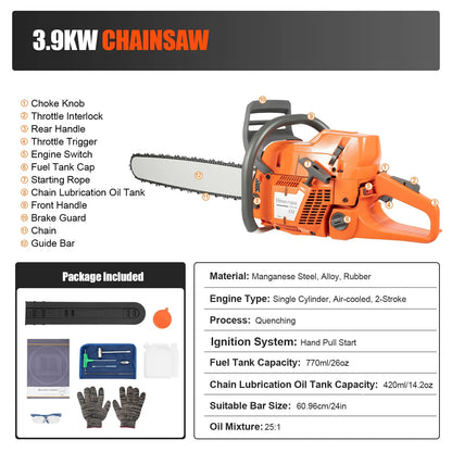 72CC 24" 2 Stroke Handheld Cordless Chain Saw, Gas Powered Chainsaw, Petrol Powered Chain Saw for Trees Wood Cutting