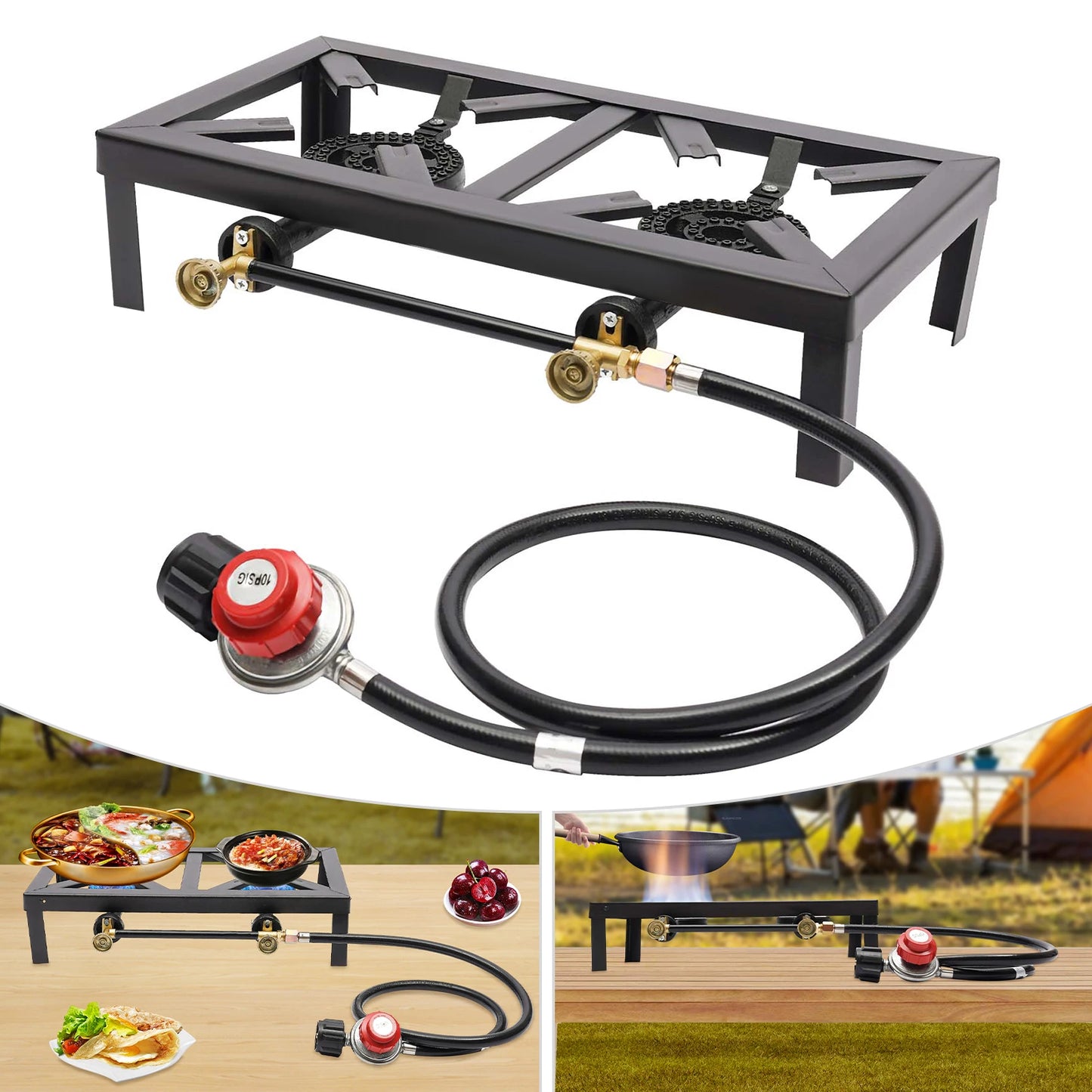 Portable Double Burner Outdoor Gas Stove Propane Cooker with Adjustable 0-10Psi Regulator