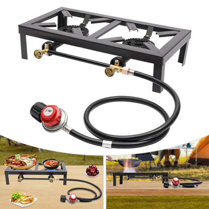 Portable Double Burner Outdoor Gas Stove Propane Cooker with Adjustable 0-10Psi Regulator