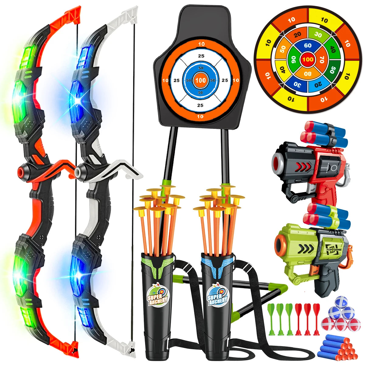 2X Bow Arrow + Guns Toy For Kids Night-Light Archery Stand Target Board I