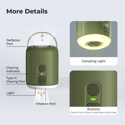 Tiny Air Pump with Camping Lantern 4.5kPa Air Pump with Magnetic Design for Inflatable Air Mattress Sleeping Pads