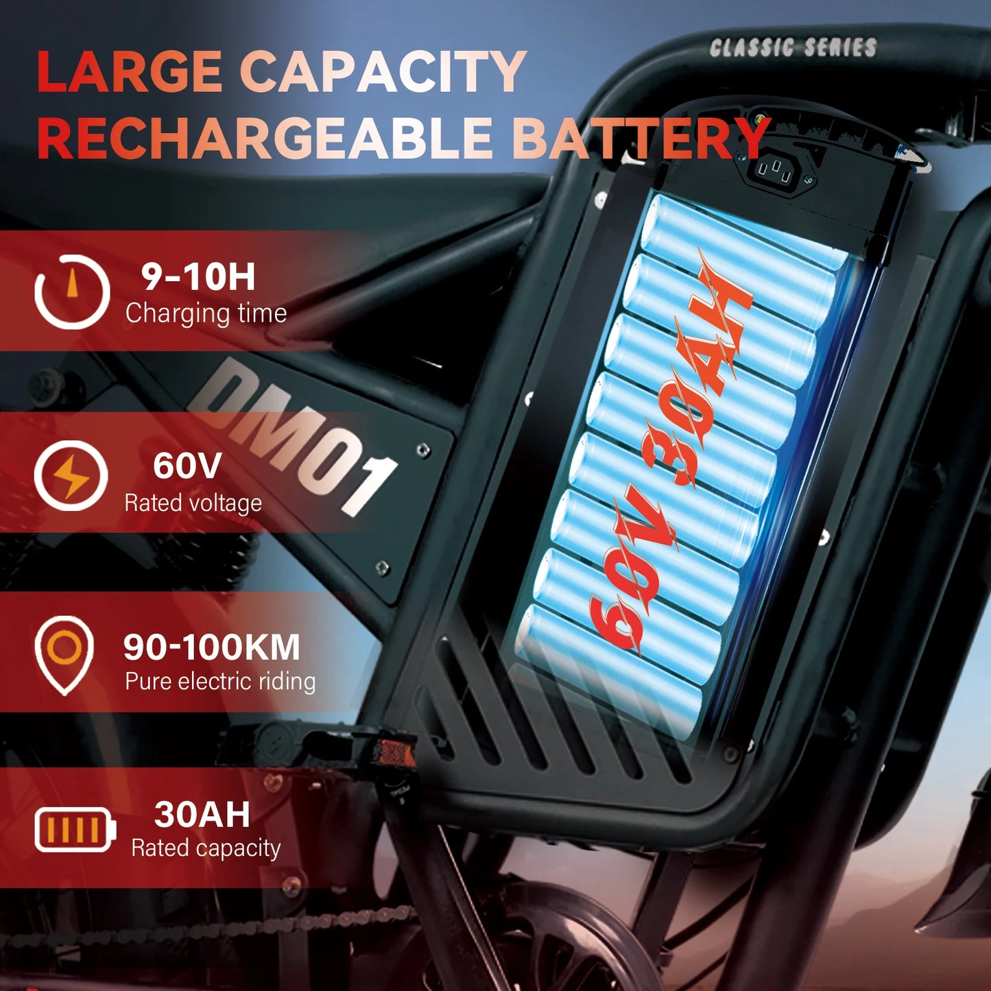 Electric Bicycle 60V 30AH Battery Max Speed 42 MPH