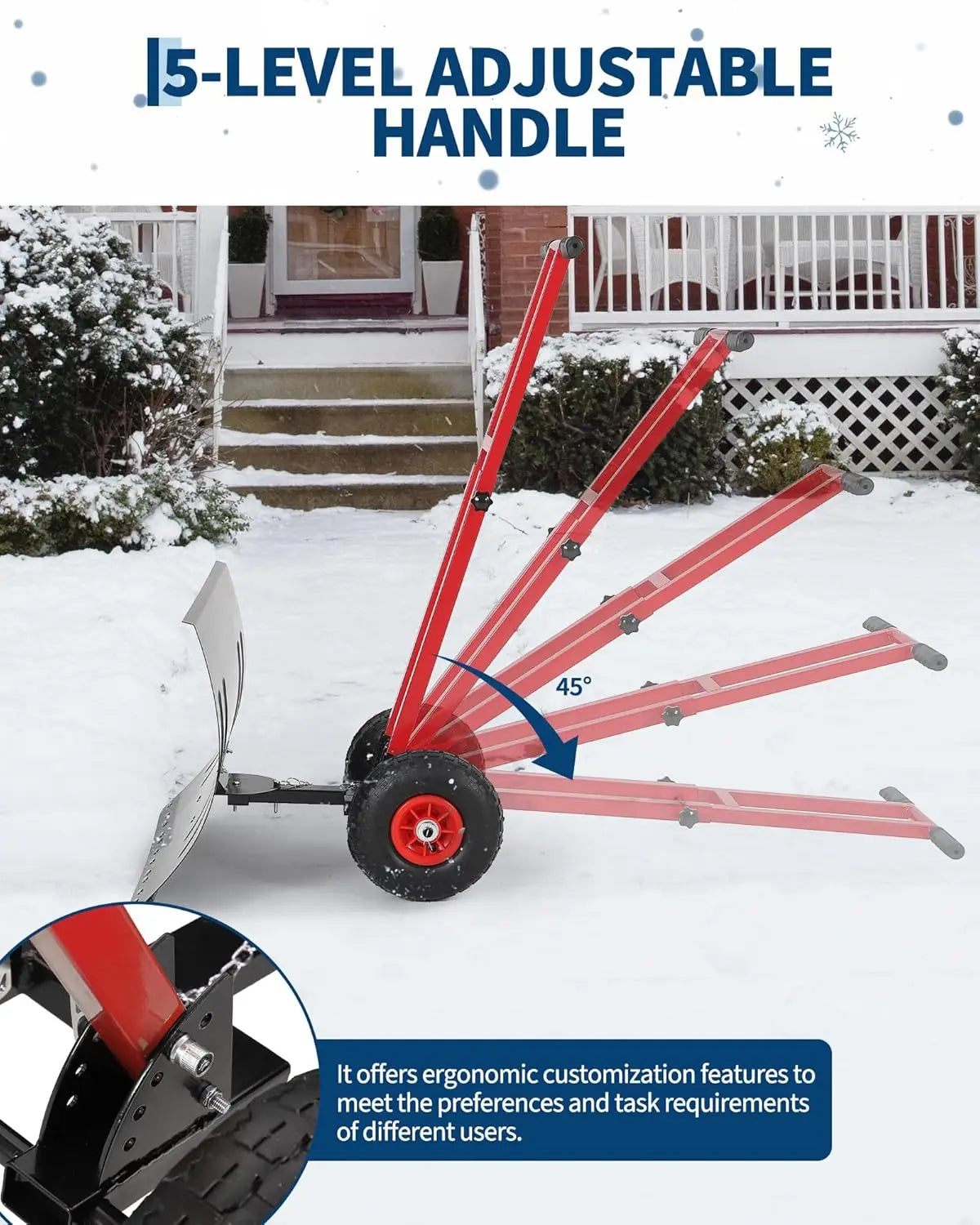 Heavy Duty Snow Shovel with Wheels, Steel Dual Handle , 5-Position Angle & Height Adjustable Handle