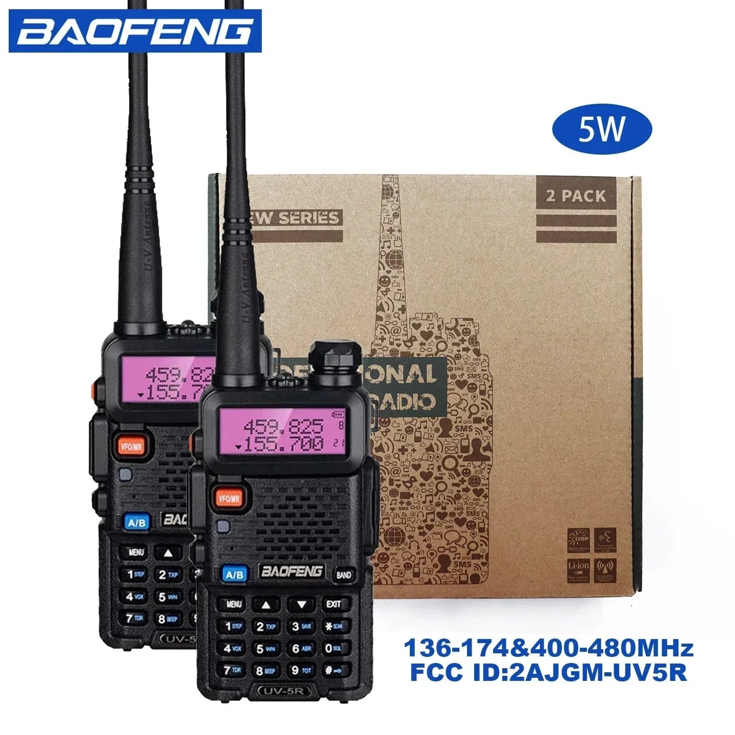 2pcs BAOFENG UV-5R 5W 8W High Power Dual Band Two Way Radio Long Range Handheld Portable Walkies Talkies