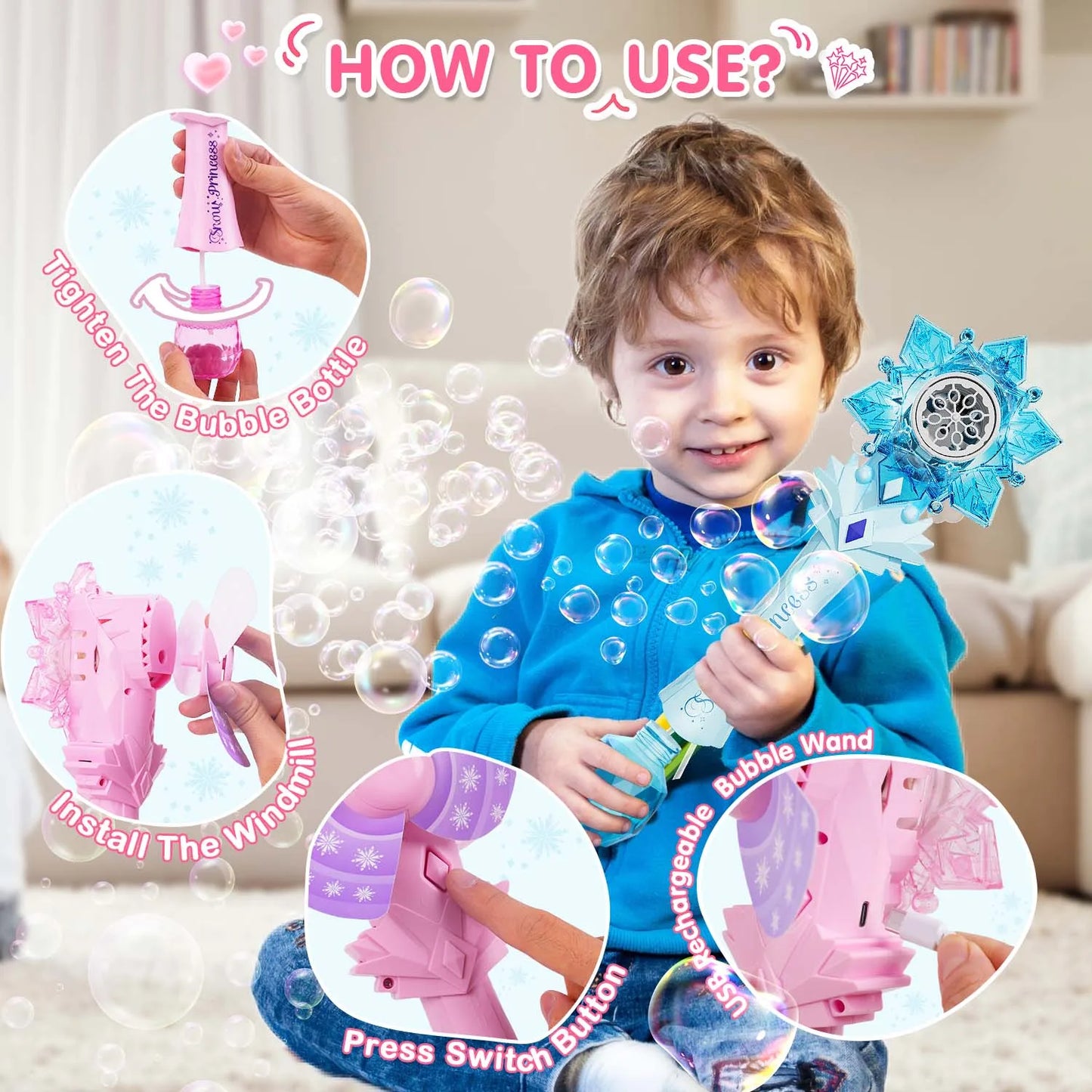 Recharge Bubble Wand X2 for Kids Girls Boys LED Electric Auto Snowflake Bubble Blower Gun With LED Light Music Outdoor Fun