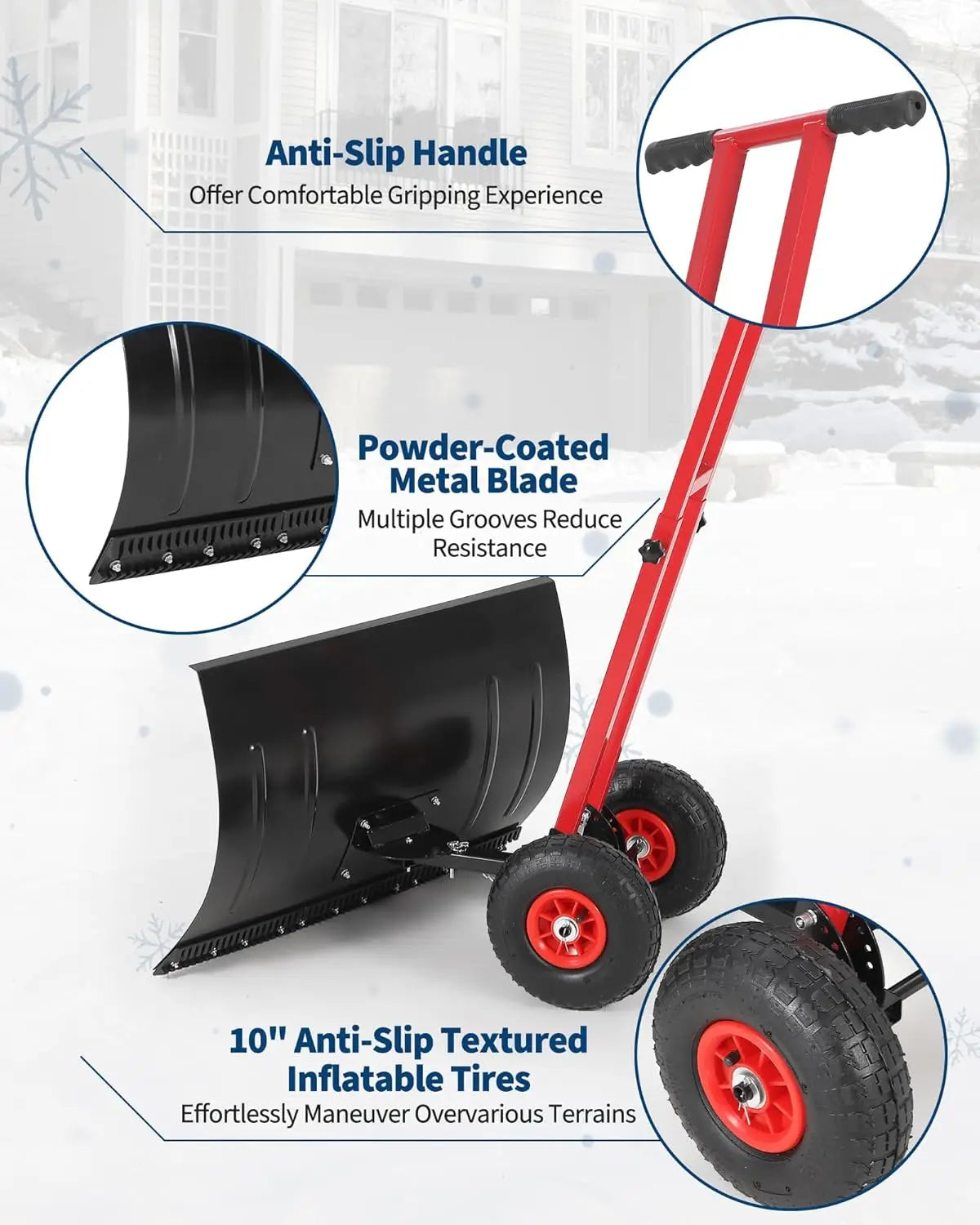 Heavy Duty Snow Shovel with Wheels, Steel Dual Handle , 5-Position Angle & Height Adjustable Handle