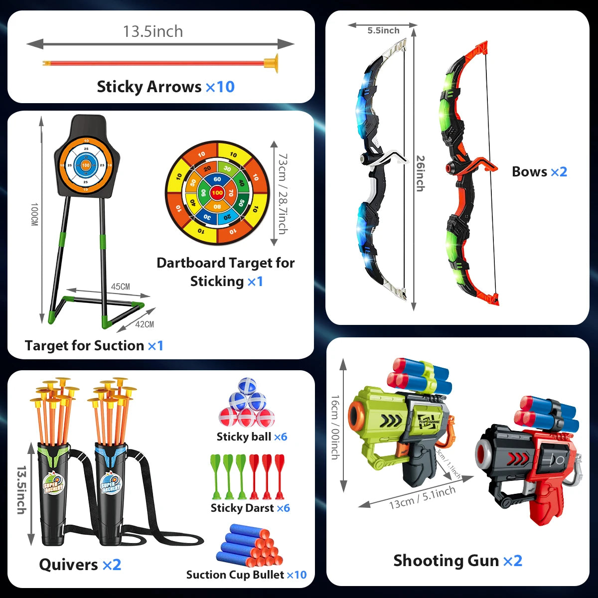 2X Bow Arrow + Guns Toy For Kids Night-Light Archery Stand Target Board I