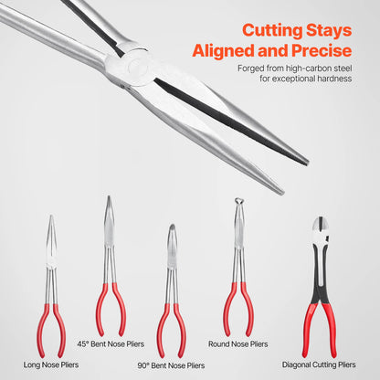 SucceBuy 5-Piece Needle Nose Pliers 11 in Long Needle Nose Pliers Set Diagonal Cutting Pliers 45°/90° Bent Round Nose Plier