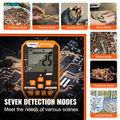 Professional Rechargeable Metal Detector 12" IP68 Waterproof Coil 39-50 in Adjustable + LCD 7Modes for Treasure Hunting