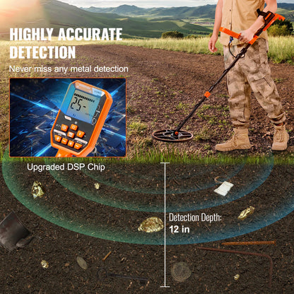 Professional Rechargeable Metal Detector 12" IP68 Waterproof Coil 39-50 in Adjustable + LCD 7Modes for Treasure Hunting