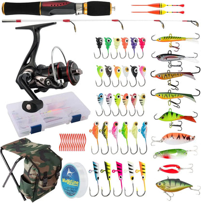 Ice Fishing Rod and Reel Combo with Backpack Seat, Lures, and Accessories for Winter Angling