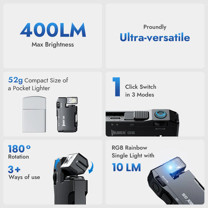 WUBEN G5 Rechargeable EDC Flashlight, 400 Lumens Dual Light Sources Mini RGB Light, Pocket Flashlights