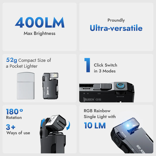 WUBEN G5 Rechargeable EDC Flashlight, 400 Lumens Dual Light Sources Mini RGB Light, Pocket Flashlights