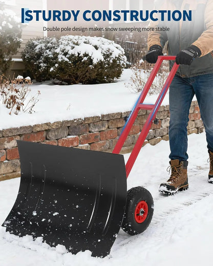 Heavy Duty Snow Shovel with Wheels, Steel Dual Handle , 5-Position Angle & Height Adjustable Handle