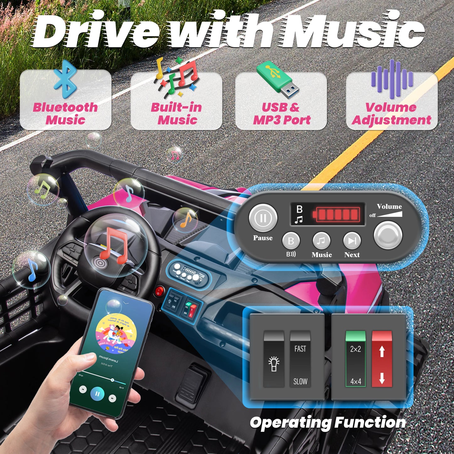 24V XL 2 Seater Car for Girls, 2WD/4WD Switchable Off-Road UTV w/Long-Endurance Battery Power, 3-Speed Remote Controller