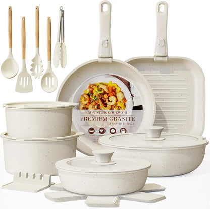 23-Piece Non-Stick Ceramic Cookware Set with Removable Handles, Oven Safe and Induction Compatible in Cream White