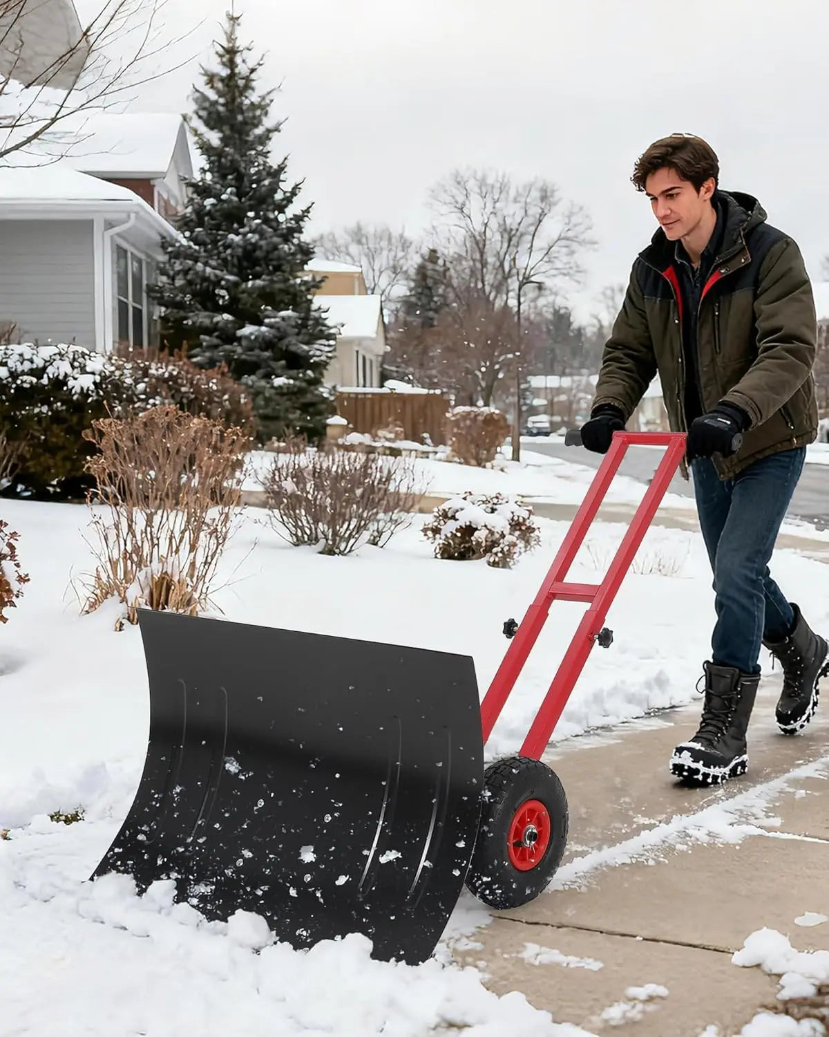 Heavy Duty Snow Shovel with Wheels, Steel Dual Handle , 5-Position Angle & Height Adjustable Handle