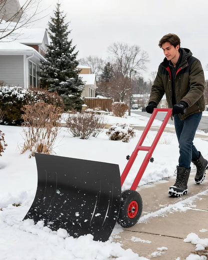 Heavy Duty Snow Shovel with Wheels, Steel Dual Handle , 5-Position Angle & Height Adjustable Handle