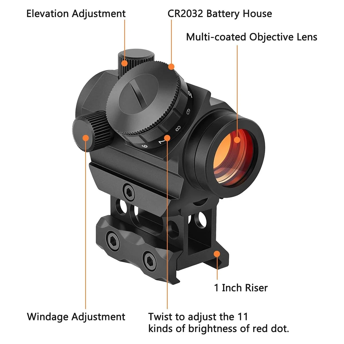 2MOA Red Dot Sight 1x25mm Reflex Sight Waterproof & Shockproof & Fog-Proof Red Dot Scope with 1 inch Riser Mount