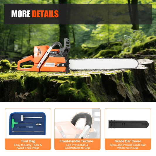 72CC 24" 2 Stroke Handheld Cordless Chain Saw, Gas Powered Chainsaw, Petrol Powered Chain Saw for Trees Wood Cutting