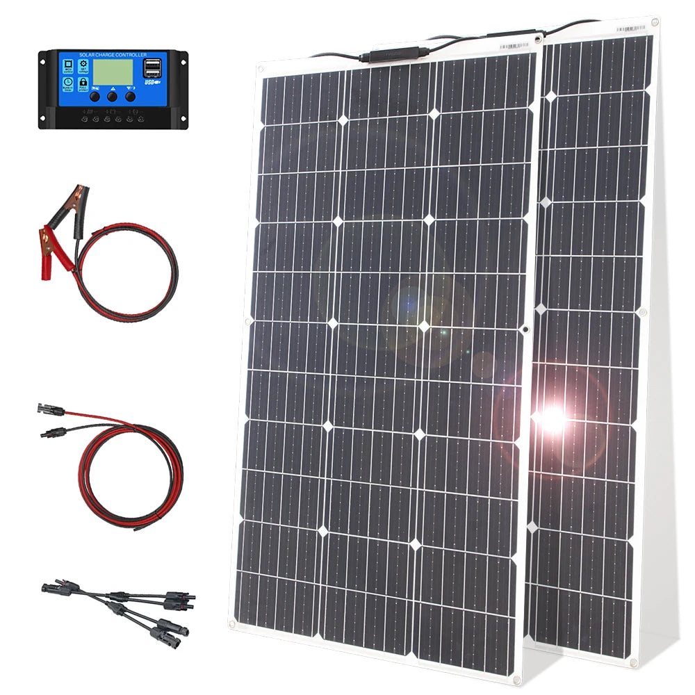 12V Flexible Solar Panel Kit 100W 200W Monocrystalline Waterproof with Controller for RV Camping Outdoor