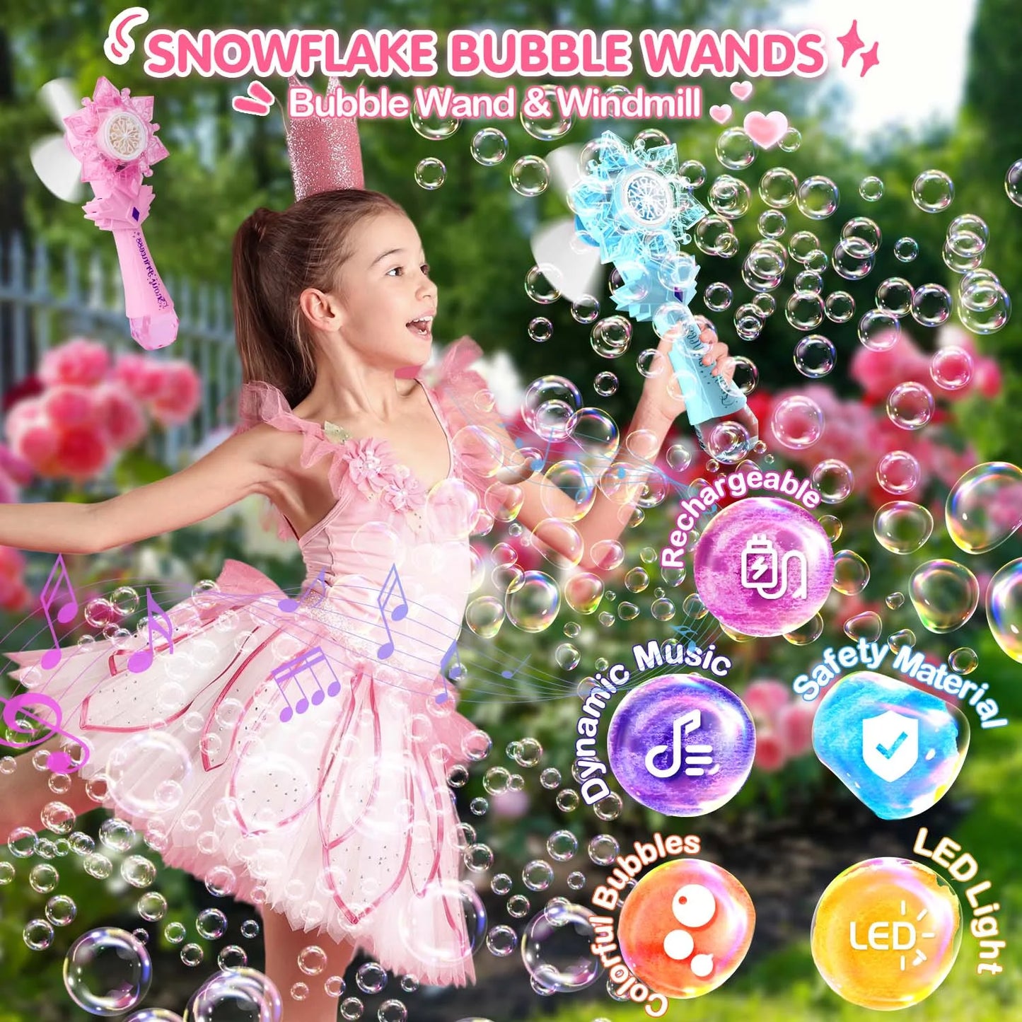 Recharge Bubble Wand X2 for Kids Girls Boys LED Electric Auto Snowflake Bubble Blower Gun With LED Light Music Outdoor Fun