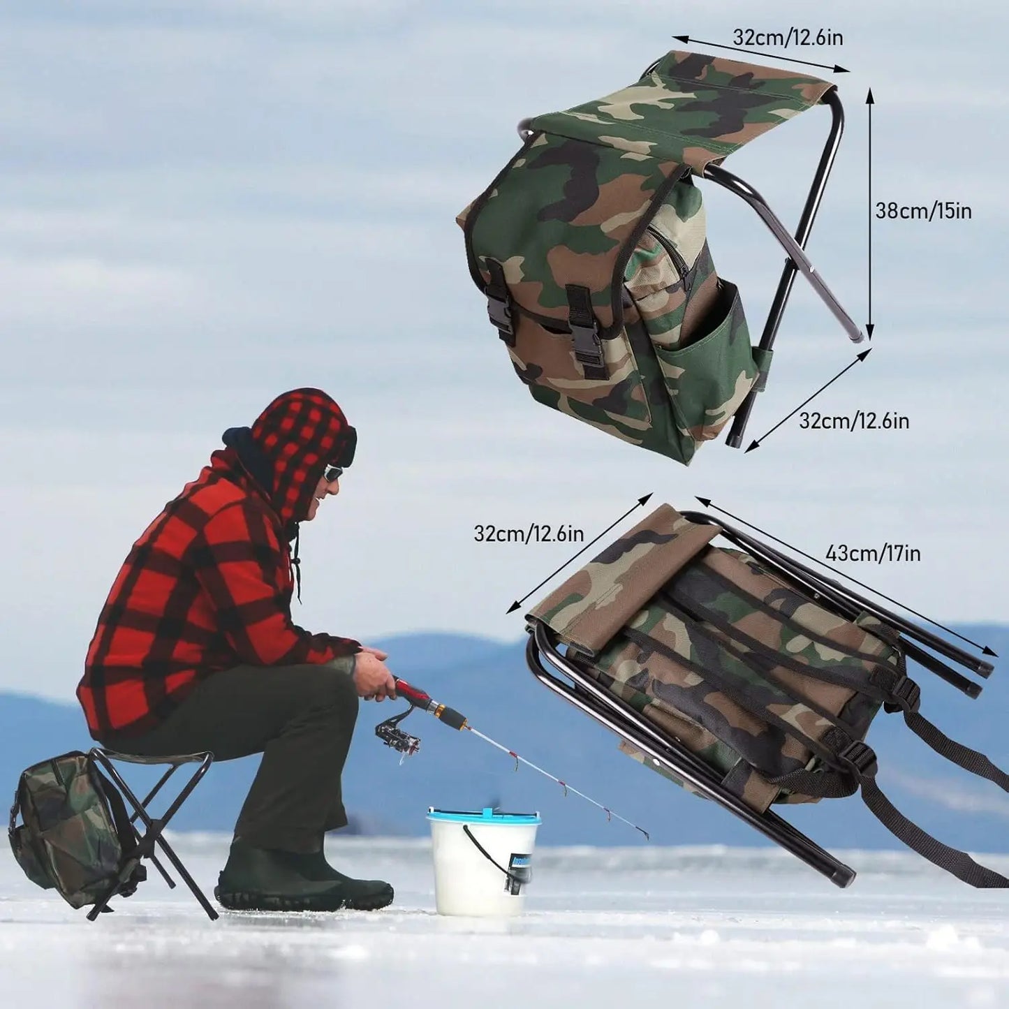 Ice Fishing Rod and Reel Combo with Backpack Seat, Lures, and Accessories for Winter Angling