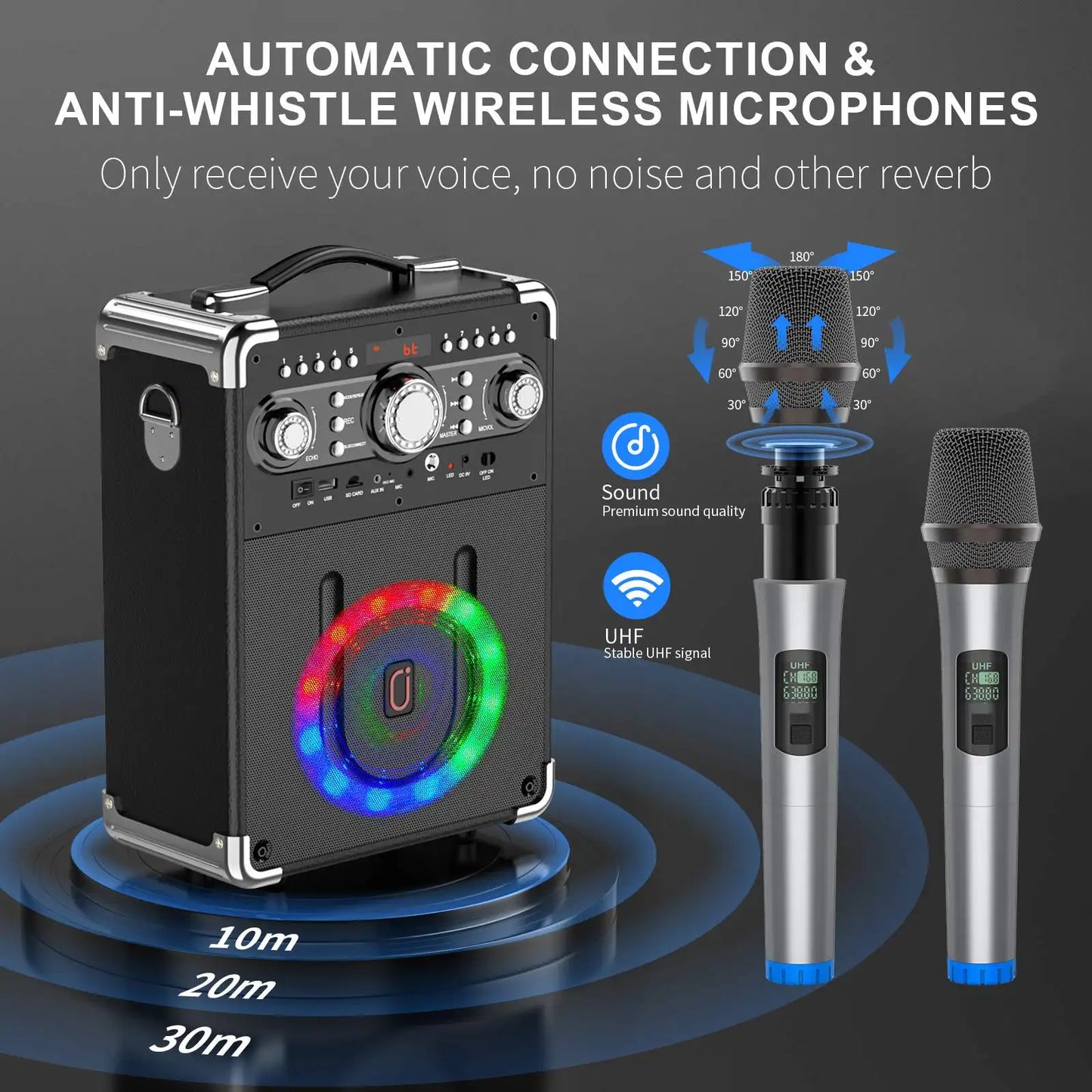 Karaoke Machine with 3 Mics& DJ Disco Ball Light, Portable Bluetooth Speaker with LED Lights