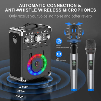 Karaoke Machine with 3 Mics& DJ Disco Ball Light, Portable Bluetooth Speaker with LED Lights