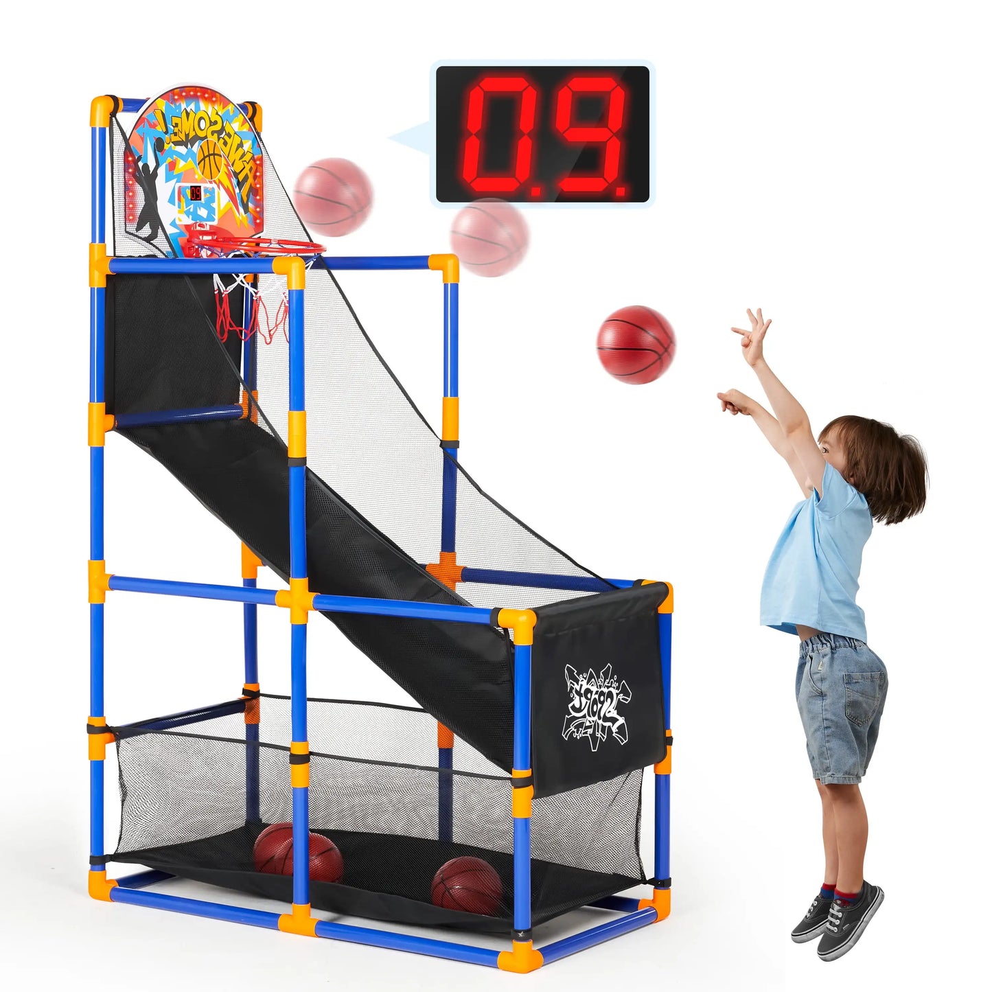 LED Basketball Game with 4 Balls Adjustable Height 44"-55"Basketball Stand Hoop Ages 3-12