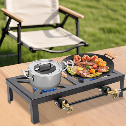 Portable Double Burner Outdoor Gas Stove Propane Cooker with Adjustable 0-10Psi Regulator
