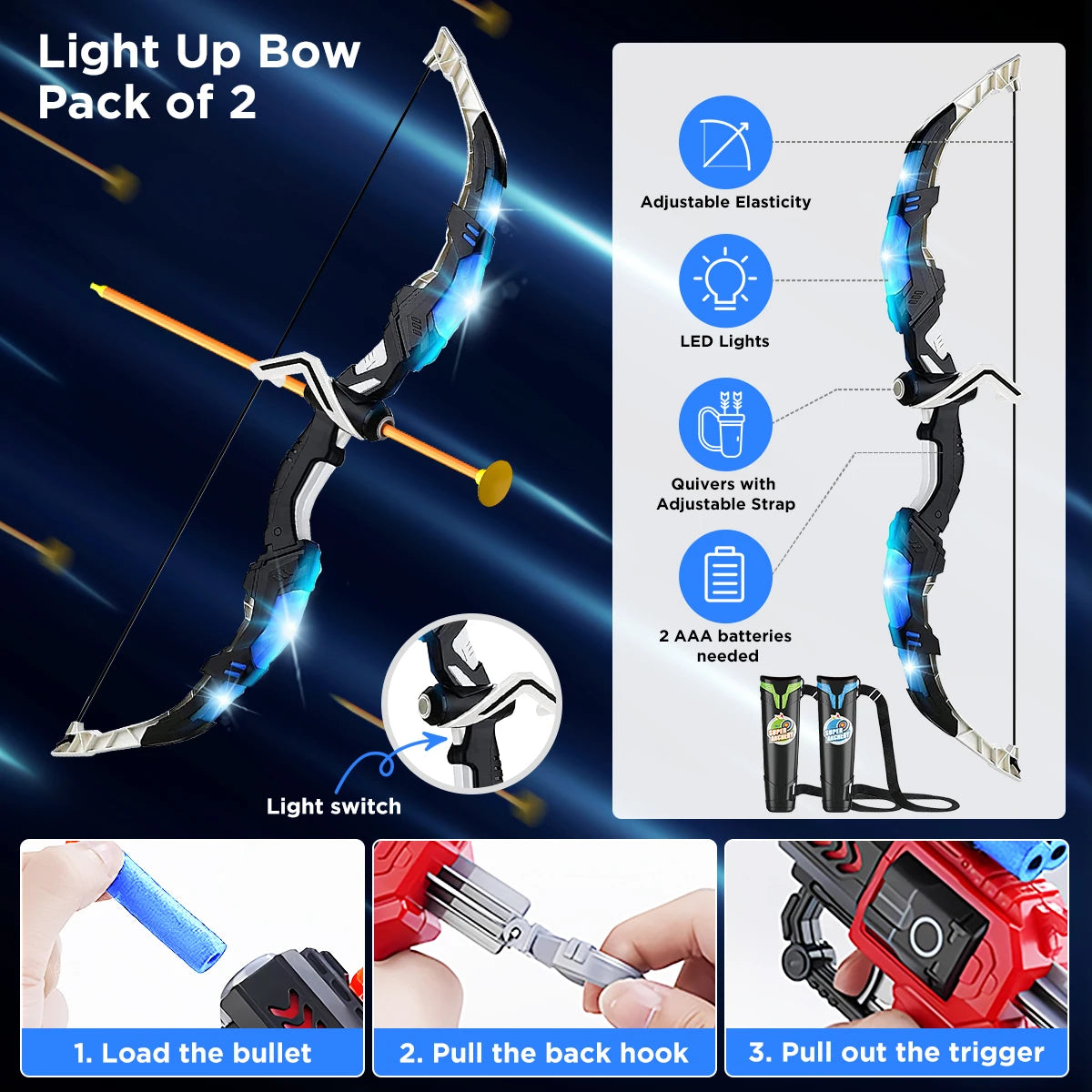 2X Bow Arrow + Guns Toy For Kids Night-Light Archery Stand Target Board I