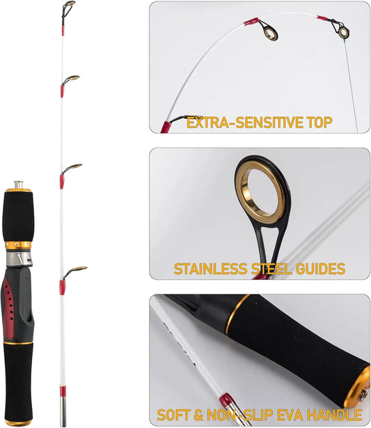 Ice Fishing Rod and Reel Combo with Backpack Seat, Lures, and Accessories for Winter Angling